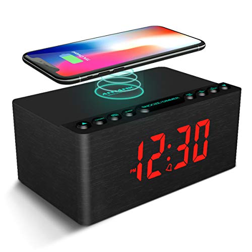 Wooden Digital Alarm Clock FM Radio,10W Fast Wireless Charger Station for iPhone/Samsung Galaxy 5