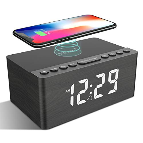 Wooden Digital Alarm Clock FM Radio,10W Fast Wireless Charger Station for iPhone/Samsung Galaxy 5