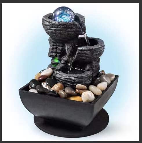 Waterfall Meditation Fountain w/ Many Natural River Rock LED Lights & Rolling Decorative Bubble Balls