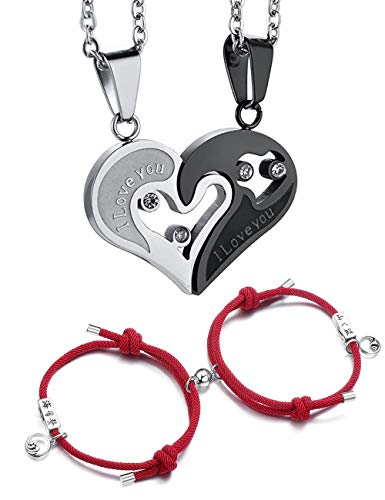 Magnetic Couples Bracelets & Necklace Pendant Love Heart CZ Puzzle Matching Jewelry Set