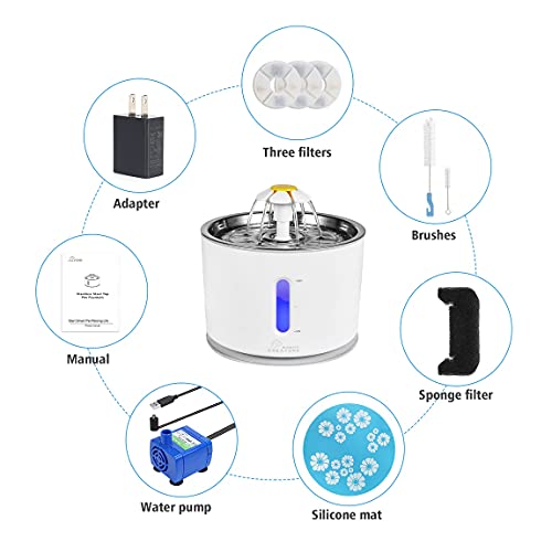 Cat Fountain w/ Smart Pump & LED Indicator for Water Shortage Alert Stainless Steel, 81oz/2.4L
