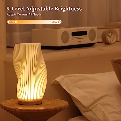 Bedside Lamp with Woodbase - Button Control Table Lamp for Bedroom 12 Way Dimmable Nightstand Lamp