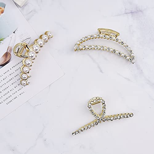 Large Metal Pearl Hair Claw Clips Gold Rhinestones for Women & Girls