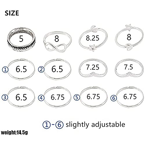 12pcs Silver Rings for Women Set- Size 5 6 7 8