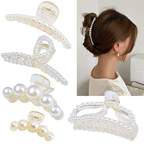 Large Metal Pearl Hair Claw Clips Gold Rhinestones for Women & Girls