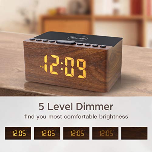 Wooden Digital Alarm Clock FM Radio,10W Fast Wireless Charger Station for iPhone/Samsung Galaxy 5