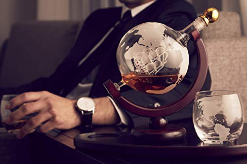 Whiskey Decanter Globe Set w/ 2 Etched Globe Whisky Glasses - 850ml