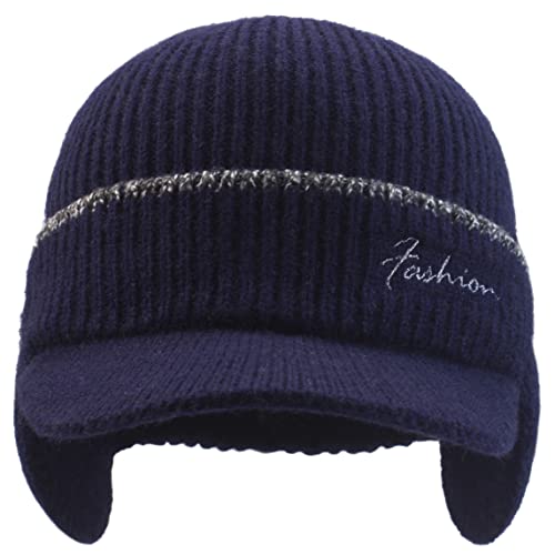 Men's Beanie w/ Visor -Warm Winter Knit Earflaps Hats