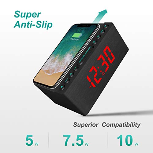 Wooden Digital Alarm Clock FM Radio,10W Fast Wireless Charger Station for iPhone/Samsung Galaxy 5