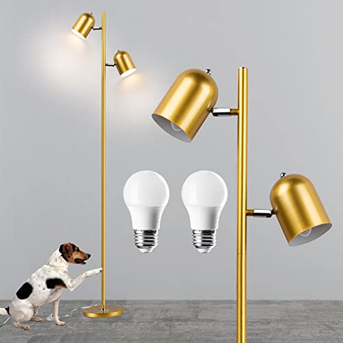 Gold Floor Lamp w/ 2 Adjustable Rotating Lights, 2x5W LED Bulbs Included