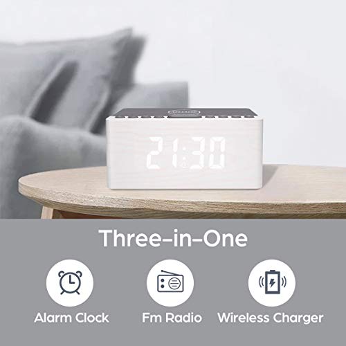 Wooden Digital Alarm Clock FM Radio,10W Fast Wireless Charger Station for iPhone/Samsung Galaxy 5