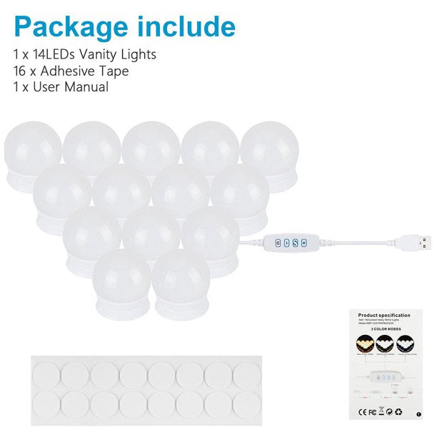 LED Vanity Mirror Lights, 17.7ft Hollywood Make Up w/ 14 Dimmable USB Led Bulbs