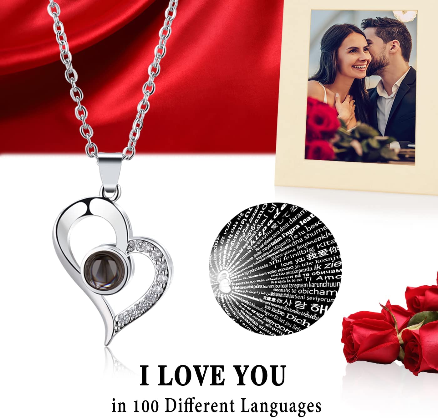 Valentines Day Gifts for Her, Rose Bear w/ I Love You Necklace 100 Languages, Red