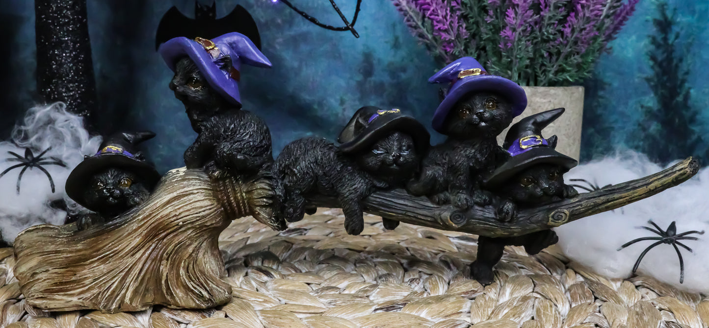 Halloween 5 Black Kitten Cats w/ Witch Hat Figurine