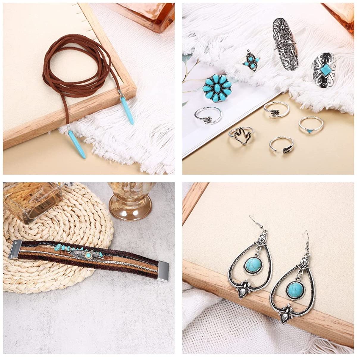 Bohemian Turquoise Pendant Suede Long Choker Necklace Vintage Dangle Earrings Boho Cuff Bracelet with Stackable Knuckle Rings Set