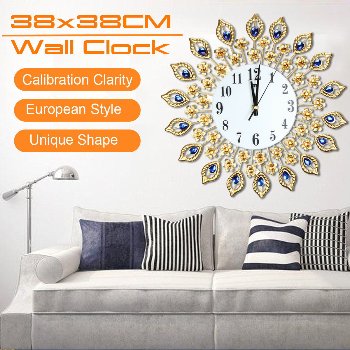 15" Large 3D Wall Clock Watch w/ Peacock Diamonds for Home Decoration