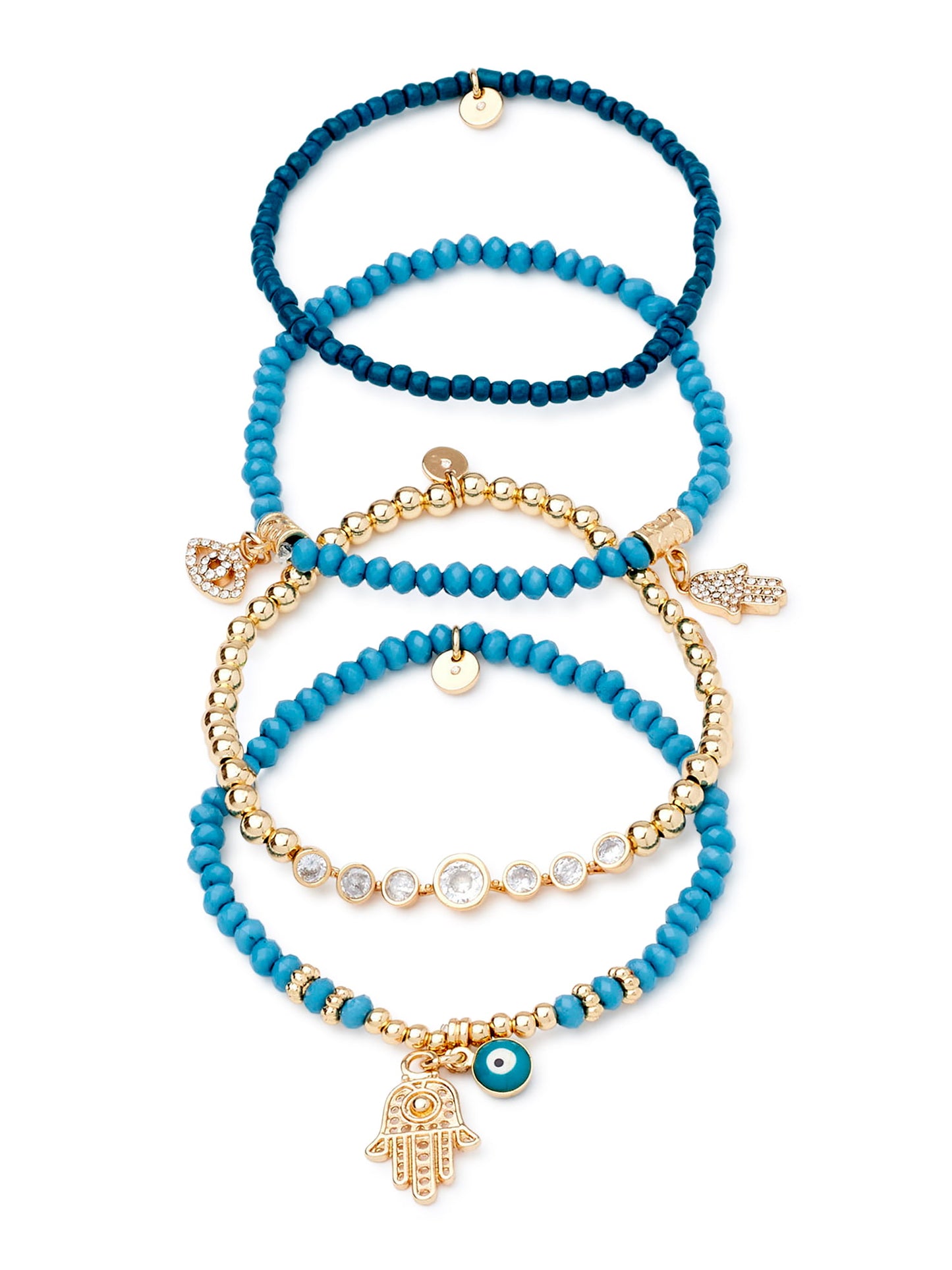 Women's Gold Tone Cubic Zirconia Evil Eye, Hamsa 4Pcs Bracelet