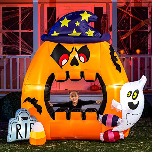 7 Ft Tall Halloween Inflatable Photo Booth with Ghost, Tomb & Candy