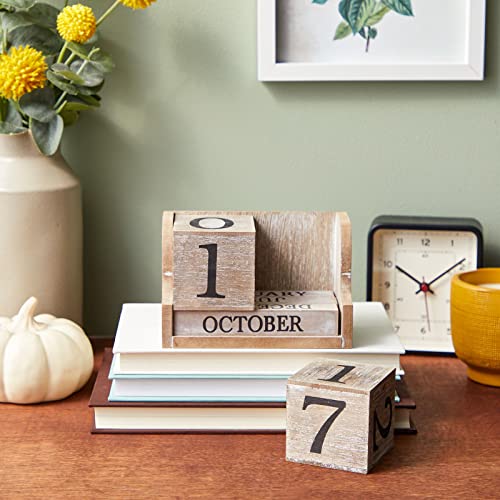 Wooden Perpetual Date Desk Calendar Blocks Farmhouse Office Decoration (5 x 4 In)