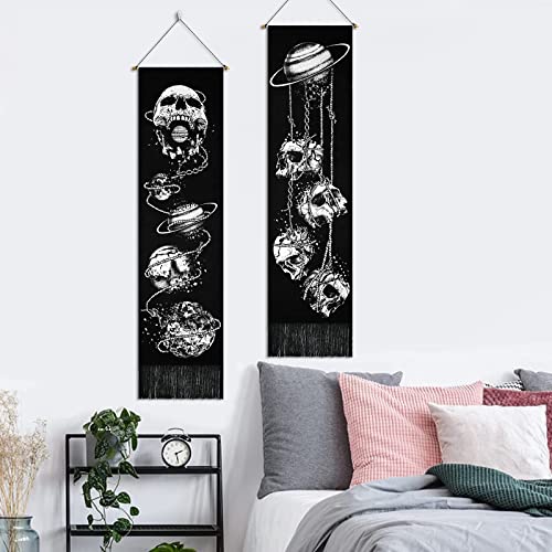 Skeleton Tapestry Planet Gothic Skull White and Black for Bedroom, Living Room