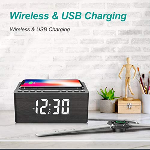 Wooden Digital Alarm Clock FM Radio,10W Fast Wireless Charger Station for iPhone/Samsung Galaxy 5