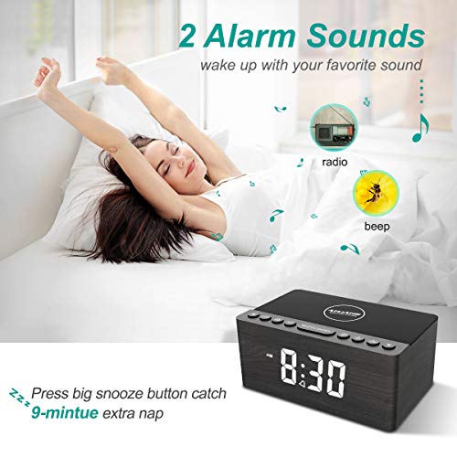 Wooden Digital Alarm Clock FM Radio,10W Fast Wireless Charger Station for iPhone/Samsung Galaxy 5