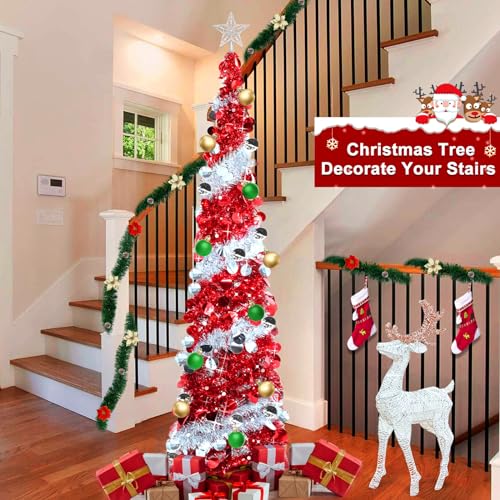 Dual Color Change Lights & Timer - 5 Ft Tinsel Christmas Tree Ball Ornaments Star Pop up Christmas Tree Battery