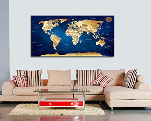 Wall Art Blue World Map Painting Ready to Hang -20" x 40" Framed