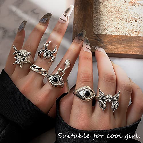 Vintage Silver Set Gothic Pack, Chunky Stackable Knuckle Bulk, Weeping Skull Spider Frog Butterfly Grunge