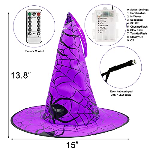 8 Pcs Hanging Witch Hats, 14ft 56 LEDs Remote Control String Lights, Battery Powered with 8 Lighting Modes for Garden, Yard, Tree