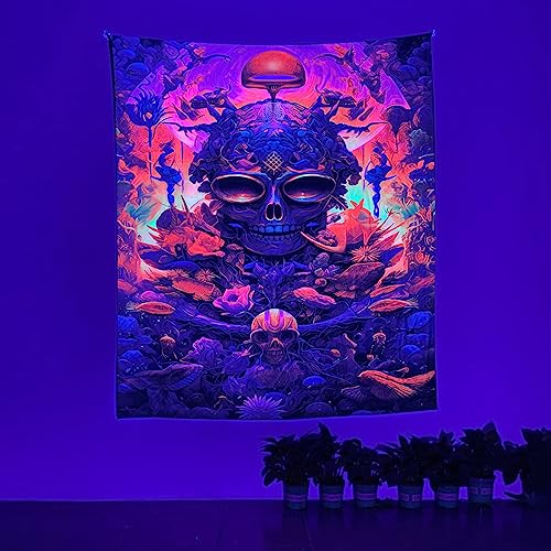 Blacklight Tapestry Sugar Skull Halloween UV Reactive Trippy Neon Tapestries Glow in the Dark Party Backdrop,