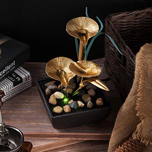 Lotus Leaf Fountains Waterfall Decoration Includes Many Natural River Rocks & Colorful Scene Light