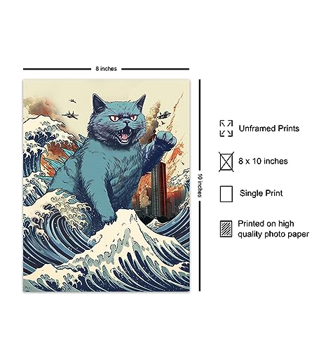 Vintage Funny Cat Wall Catzilla Japanese The Great Wave off Kanagawa Cute Cat Stuff Cat Wall