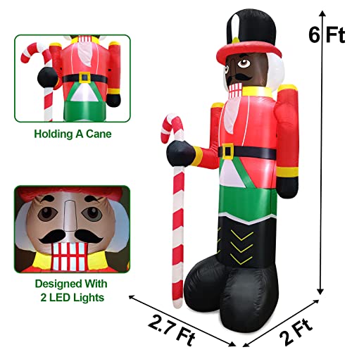 6Ft Christmas Inflatables Black Nutcracker Holds Candy Cane w/ LED Lights