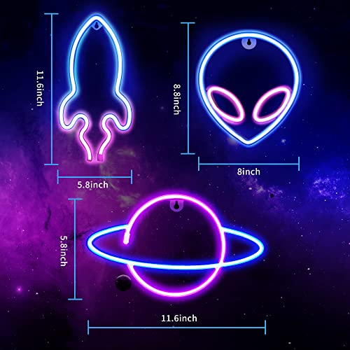 3Pcs Neon Signs, Alien Planet Rocket Led Neon Light Wall Decoration -USB or Battery Powered