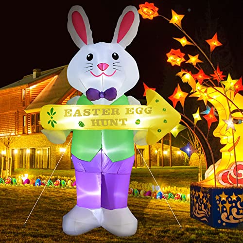 8 FT Easter Inflatables Outdoor Decoration, Bunny Holding Sign w/ Build in LEDs