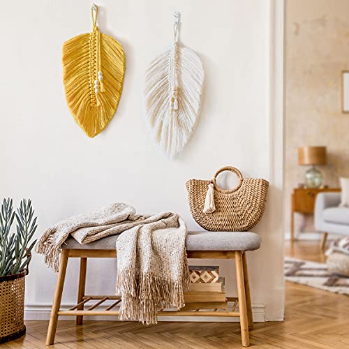 Cotton Macrame Feather Leaf w/ Wooden Beads Wall Decoration