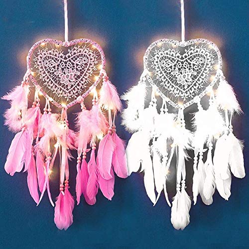 LightsFashion Handmade LED Light Dream Catcher with Feather Love Heart Dream Catcher Night Light Home