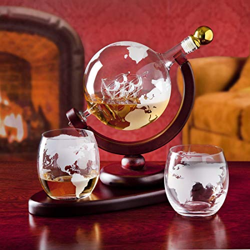 Whiskey Decanter Globe Set w/ 2 Etched Globe Whisky Glasses - 850ml