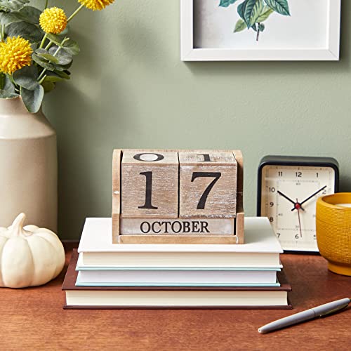 Wooden Perpetual Date Desk Calendar Blocks Farmhouse Office Decoration (5 x 4 In)