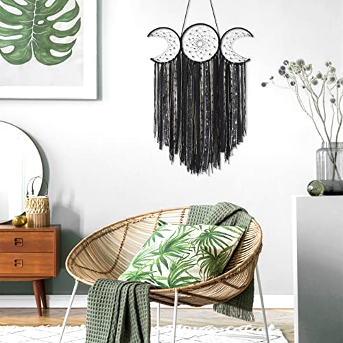 Black Triple Moon Goddess Macrame Wall Hanging Large Dream Catcher Boho Wiccan Moon Phases