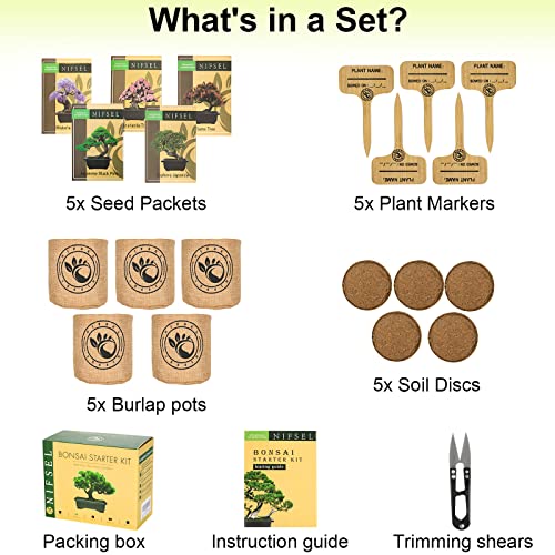 Bonsai Tree kit -NIFSEL Bonsai Growing Kit - Complete Starter kit, 5 Types of Trees - Culture Medium, Plant Marker