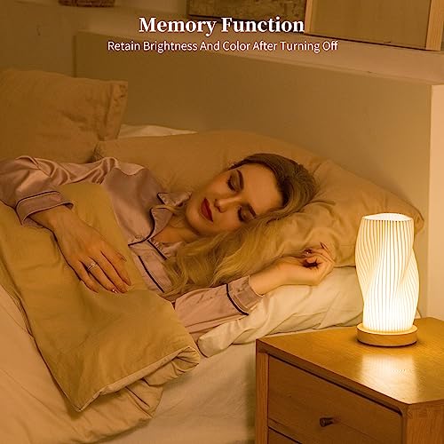 Bedside Lamp with Woodbase - Button Control Table Lamp for Bedroom 12 Way Dimmable Nightstand Lamp