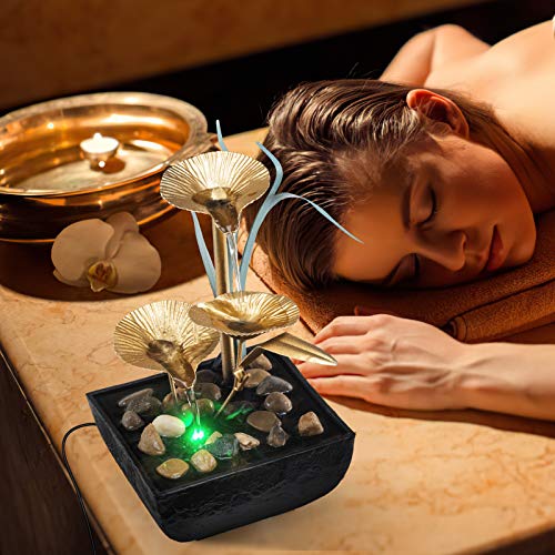 Lotus Leaf Fountains Waterfall Decoration Includes Many Natural River Rocks & Colorful Scene Light