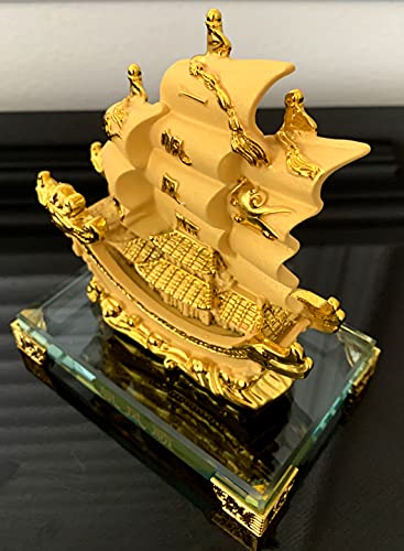 Feng Shui Gold Dragon Sailing Ship Statue Decor for Success and Fortune