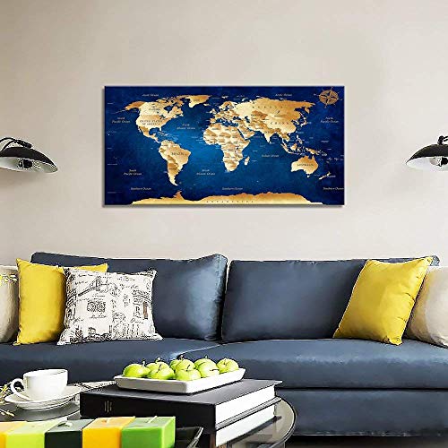 Wall Art Blue World Map Painting Ready to Hang -20" x 40" Framed