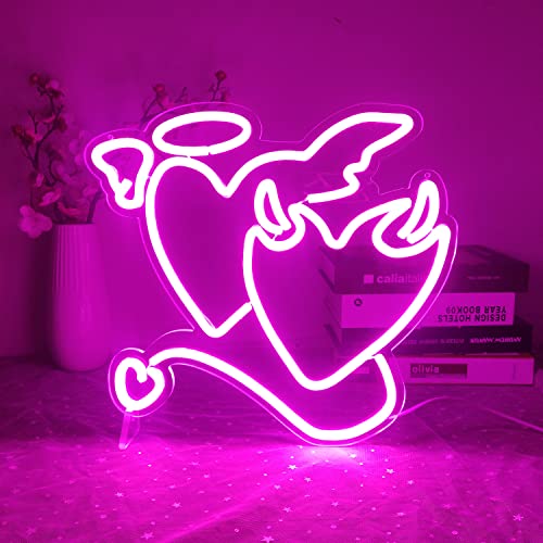 Pink Neon Sign Heart Angel Demon for Wall Decoration
