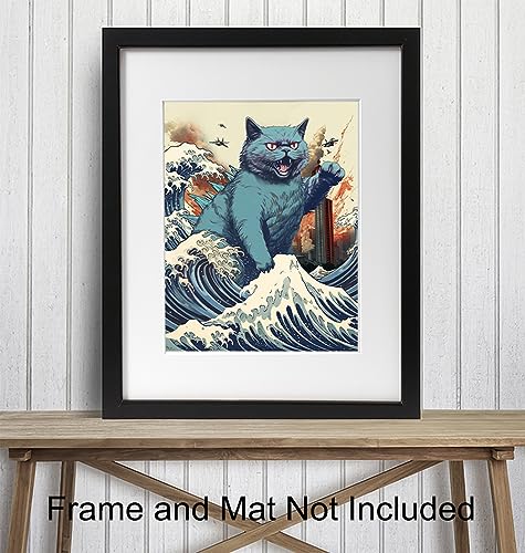 Vintage Funny Cat Wall Catzilla Japanese The Great Wave off Kanagawa Cute Cat Stuff Cat Wall