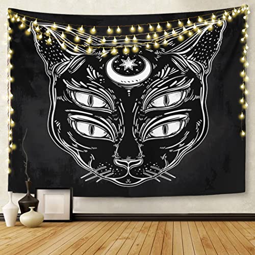 Tapestry Black Cat Head Portrait Moon and Four Eyes Eyed Home