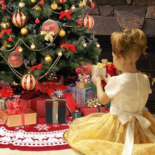 Christmas Tree Skirt Large 48 Inches Christmas Tree Skirt Red Reindeer Snowflakes Xmas Tree Skirts for Winter